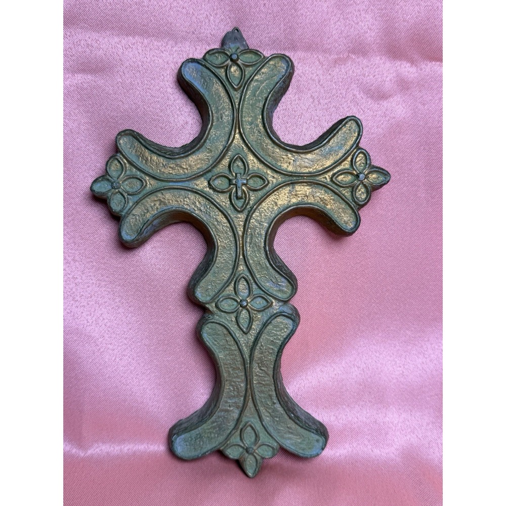 Decorative Rustic Wall Cross Green Gold Distressed 6x8.5"
